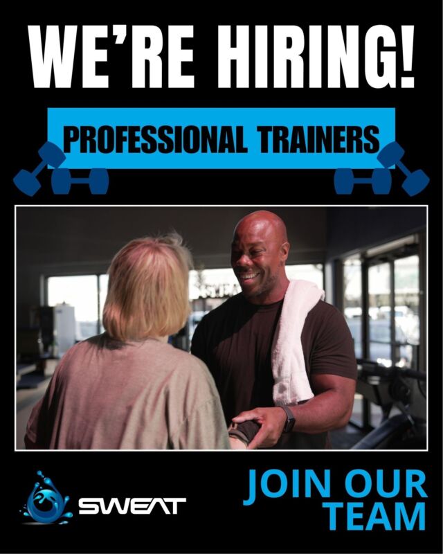 We’re looking for a passionate and experienced Personal Trainers to join our team at SWEAT! 🏋️‍♂️ If you have a degree in the health field, at least 2 post-college certifications, current CPR certification, and 2+ years of training experience, we want to hear from you! 

Ready to take the next step in your career? Contact us today to apply and learn more! 🌟